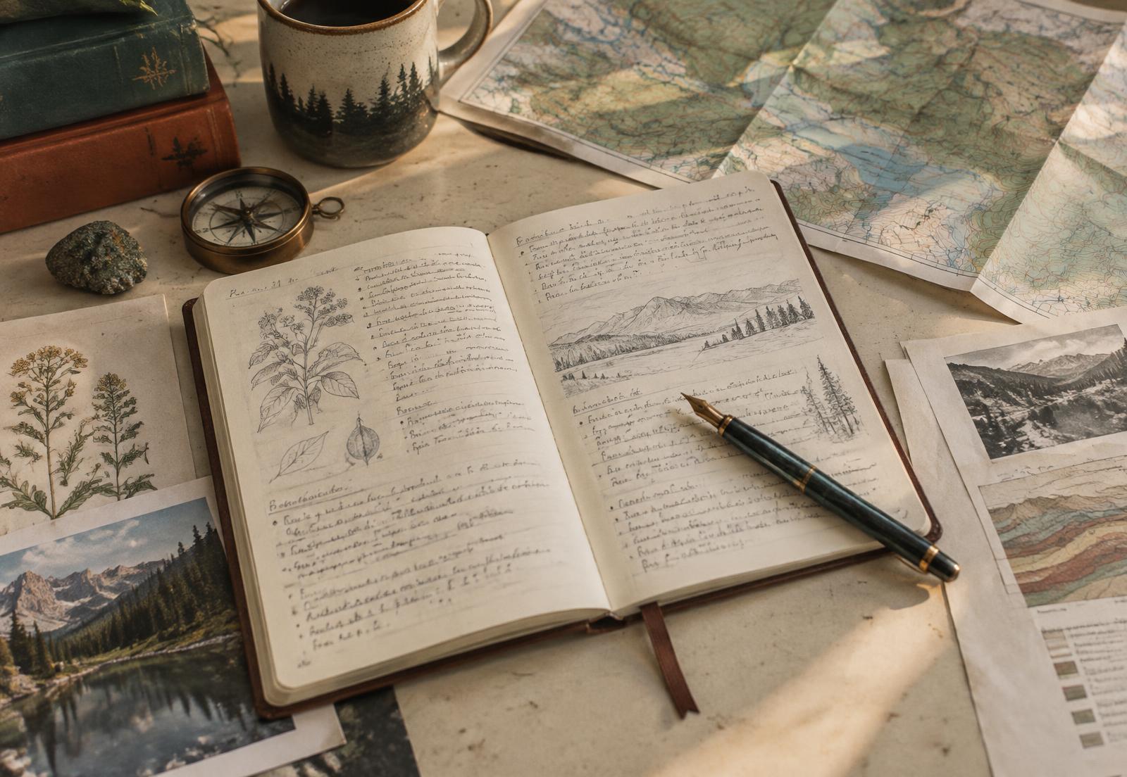 An open field notebook with handwritten observations beside maps and research pages